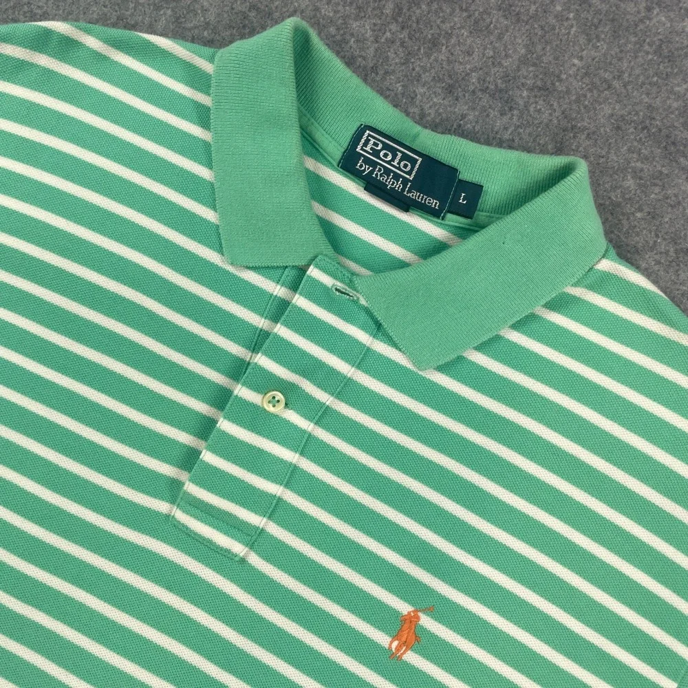 Polo Ralph Lauren Mens Polo Shirt L Green and White Striped Short Sleeve